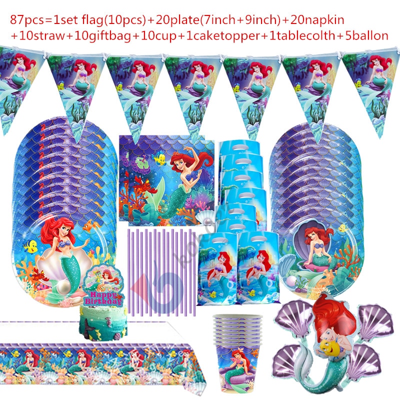 1set The Little Mermaid Ariel Princess Girls Birthday Party Decorations Tableware Plate Cup Napkin Tablecloth Party 1 - Ariel Doll