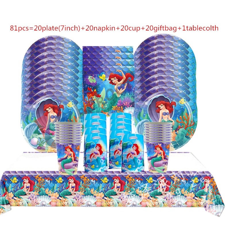 1set The Little Mermaid Ariel Princess Girls Birthday Party Decorations Tableware Plate Cup Napkin Tablecloth Party 4 - Ariel Doll