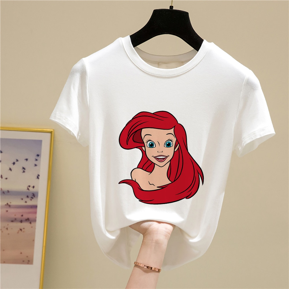 Casual Disney Anime Mermaid Princess Graphics Kids T Shirts Short Sleeve Women Blouses Plus Size White - Ariel Doll