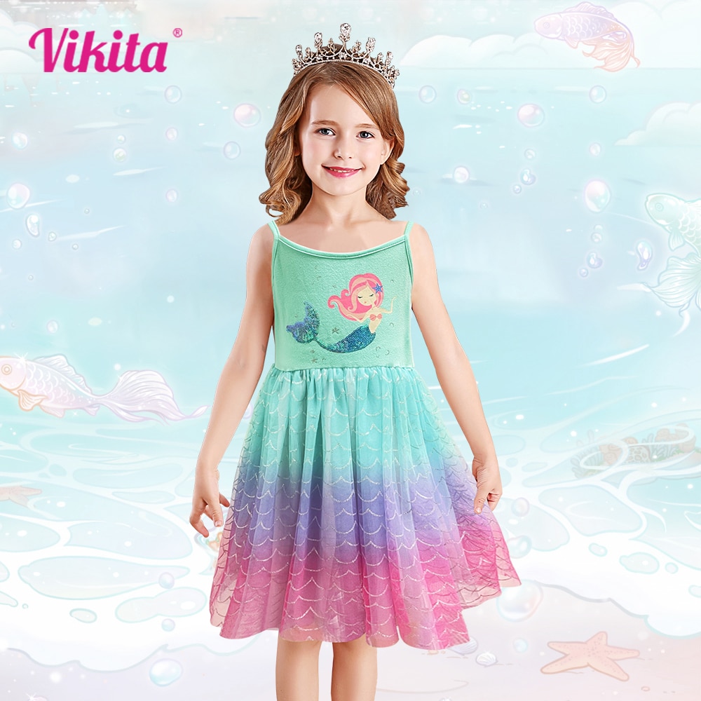 VIKITA 2023 Summer Girls Dresses New Mermaid Kids Dress For Girls Sequined Children Birthday Party Vestidos - Ariel Doll